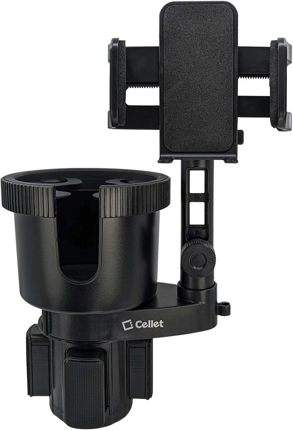 Cellet Cup Holder Tray for Car with Phone Mount – Expandable Base, 360° Rotation Food & Drink Tray with Non-Slip Surface, Adjustable Arm for Eating in Vehicle – Fits Most Standard Car Cup Holders