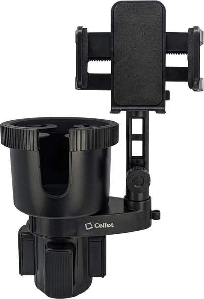 Cellet Cup Holder Tray for Car with Phone Mount – Expandable Base, 360° Rotation Food & Drink Tray with Non-Slip Surface, Adjustable Arm for Eating in Vehicle – Fits Most Standard Car Cup Holders