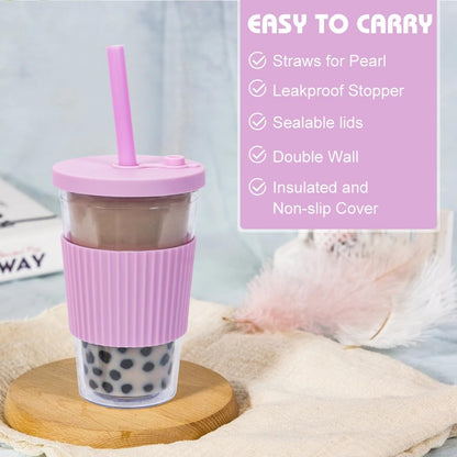 2 Pack Reusable Boba Cups, 17oz Iced Coffee With Straw and Lid, Leakproof Clear Plastic Tumbler, Double Wall Insulated Smoothie Cup, Pastel Violet and Cornflower Blue