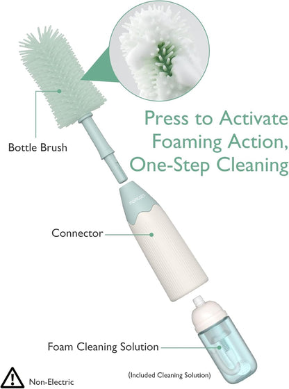 Momcozy Bottle Brush Kit with Push-Press Foam Design - Newborn Essentials Gift, Portable Cleaning Tool for Home & Travel, Baby Bottle Cleaner Brush for Breast Pumps & Nipples, Green