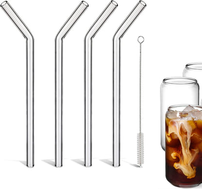 Reusable Glass Straws Shatter Resistant Clear, Skinny Glass Straw Bent Thin for 16 oz Cups Tumblers 9 inch 8mm