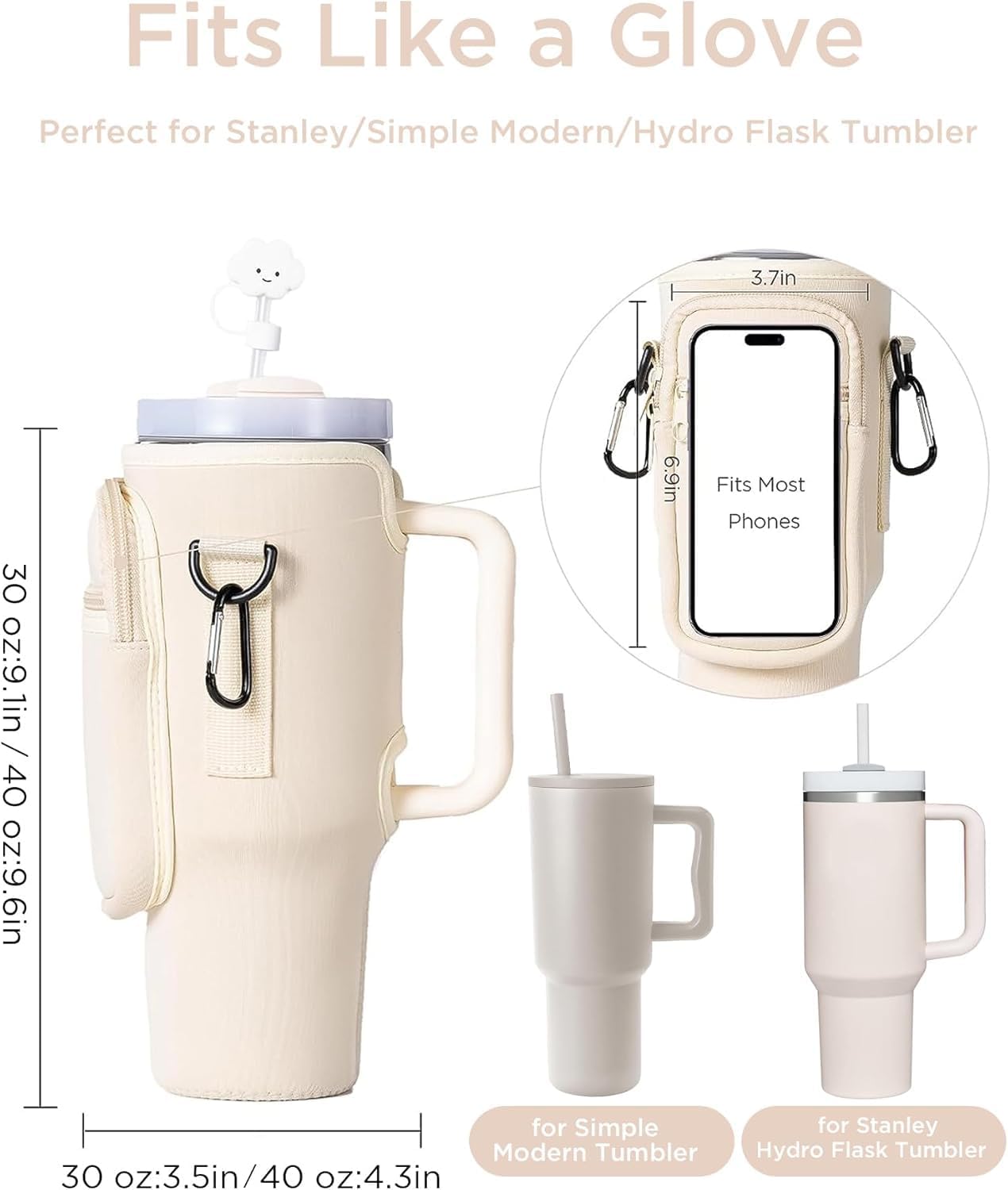 dabria Water Bottle Carrier Bag with Phone Pocket for Stanley 40/30 oz Tumbler Neoprene Water Bottle Holder Pouch with Adjustable Strap Bollus with Straw Cover for Stanley Cup Accessories