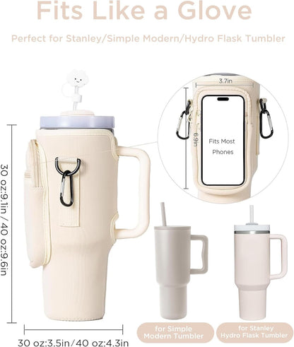 dabria Water Bottle Carrier Bag with Phone Pocket for Stanley 40/30 oz Tumbler Neoprene Water Bottle Holder Pouch with Adjustable Strap Bollus with Straw Cover for Stanley Cup Accessories