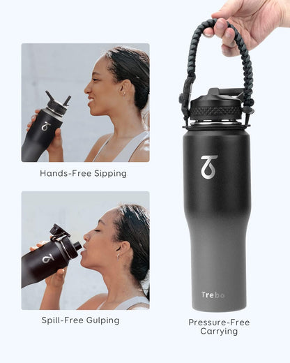 Trebo 40 oz Water Bottle Insulated Fit Car Cup Holder with Handle, Stainless Steel Water Bottles Tumbler with Spout Straw Lids, Double Wall Travel Reusable Flask, Leakproof Mug,Keep Cold &Hot,Black