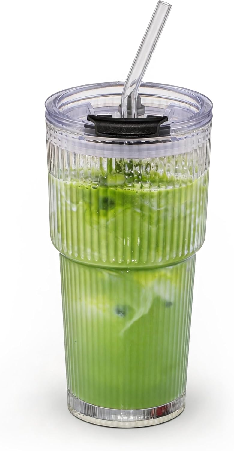 BLUEPOLAR Double Walled Glass Espresso Cups, Insulated Coffee Mug with Straw and Lid - 12oz/350ml Reusable Tumbler for Hot/Cold Drinks, Smoothie, Latte, Matcha, Car & Travel
