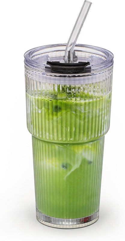 BLUEPOLAR Double Walled Glass Espresso Cups, Insulated Coffee Mug with Straw and Lid - 12oz/350ml Reusable Tumbler for Hot/Cold Drinks, Smoothie, Latte, Matcha, Car & Travel