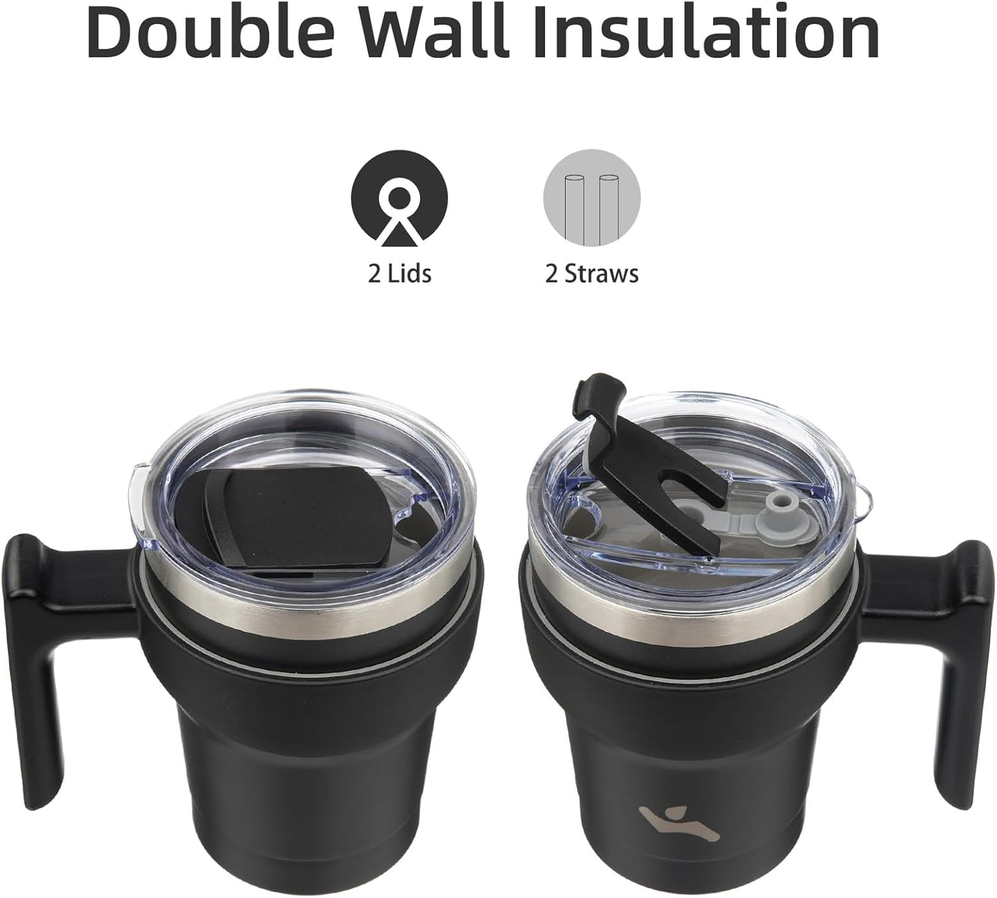 Konokyo 20 oz Tumbler with Handle and 2 Straw 2 Lid, Insulated Water Bottle Stainless Steel Vacuum Cup Reusable Travel Mug,Black