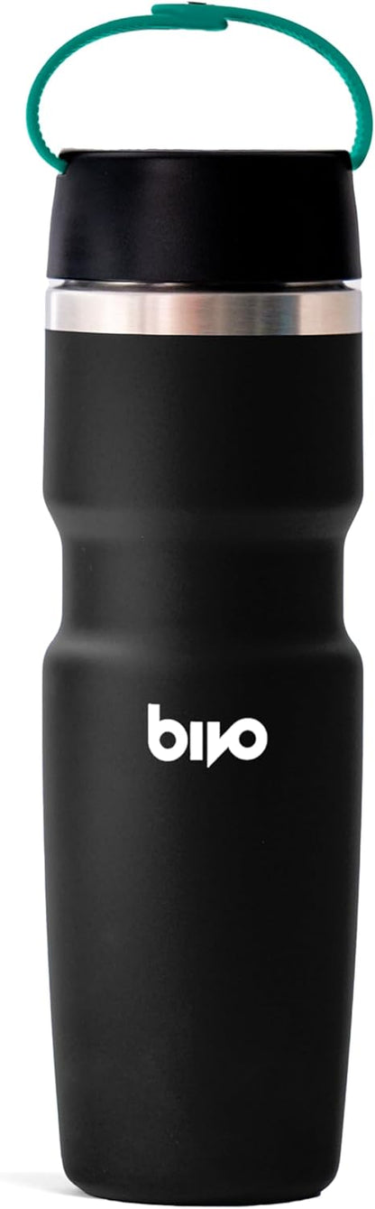 Bivo Trio Insulated Stainless Steel Bike Water Bottle with Ventura Leakproof Insulated Lid and Clippable Handle, Double-Wall Vacuum Insulated, Universal Cage Fit - 17oz, Raw