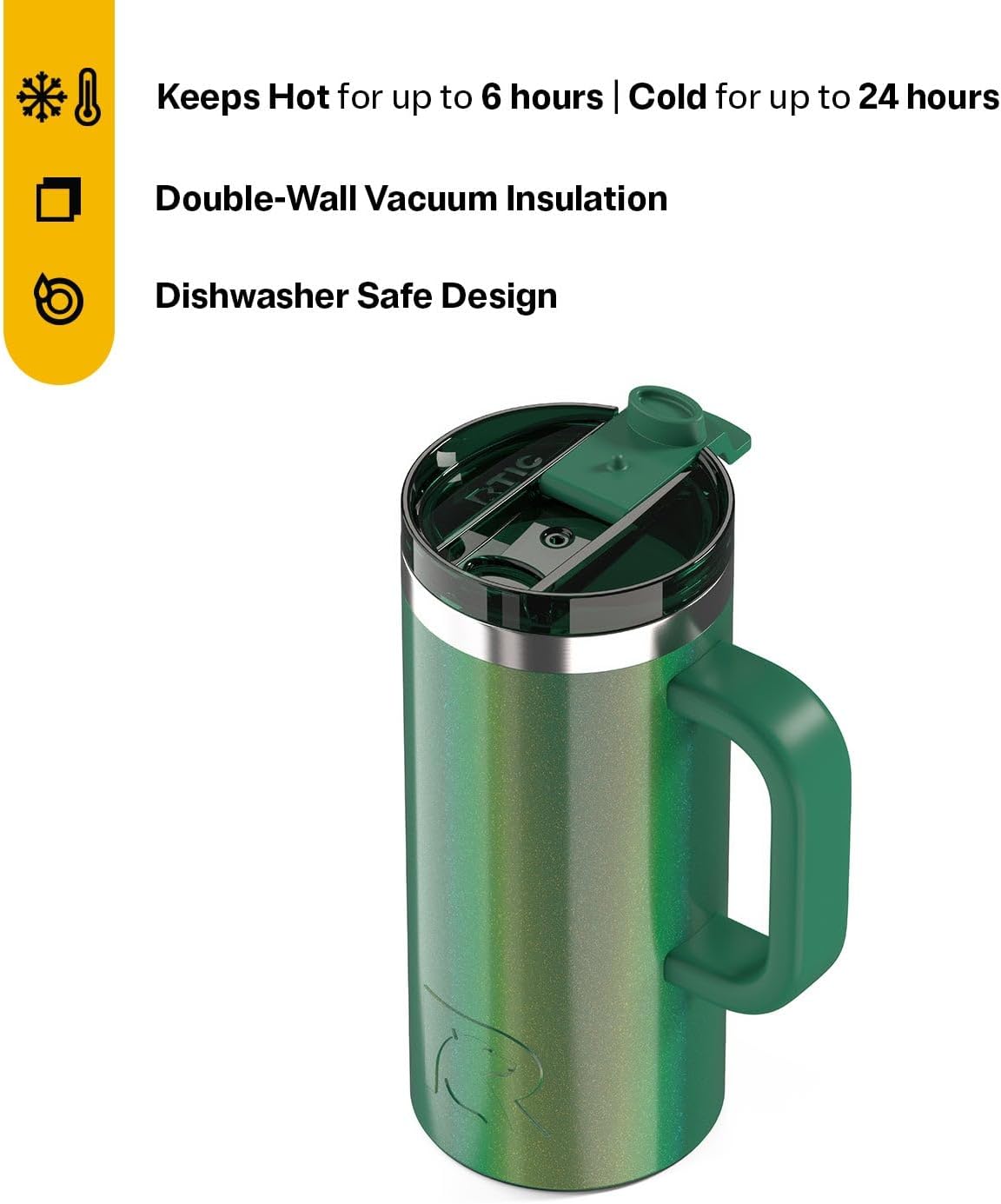 RTIC 20oz Road Trip Travel Mug with Lid and Handle, Ceramic Lined, Insulated, Stainless Steel, Metal, Double Wall Vacuum-Insulation, Portable Coffee, Tea Cup for Hot and Cold Drink, Black