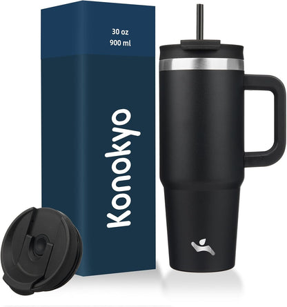 Konokyo 30 oz Tumbler with Handle and 2 Straws,2 in 1 Lid Insulated Water Bottle Stainless Steel Travel Coffee Mug,Sky