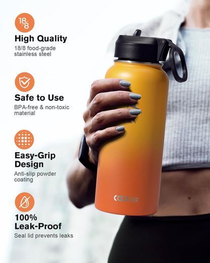 Half Gallon Water Bottle Insulated with Straw & 3 Lids, Coolflask 64 oz Water Jug Large Metal Stainless Steel Wide Mouth for Sports, Gym or Office, Non-BPA Keep Cold 48H Hot 24H, Samurai Cyan