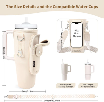 Water Bottle Holder with Strap for Stanley Cup 40/30oz, Insulated Neoprene Stanley Cup Holder with Strap for Tumbler with Handle Stanley Carrier Bag Cross-body Bag for Walking