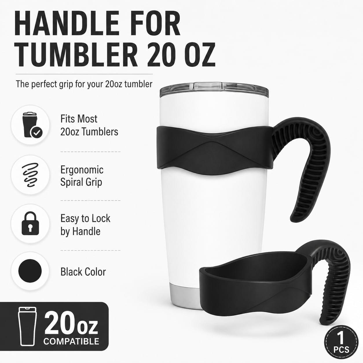 Hyturtle 1Pcs Stylish and Functional Black Tumbler Handle Fits Only For 20 OZ YETI Tumbler - Secure Grip, Lightweight, Dishwasher Safe - Ideal for Travel and Outdoor Activities - BPA Free