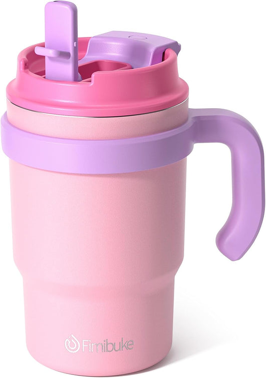 Fimibuke 16oz Kids Insulated Tumbler with Handle & Straws - 2 Pack BPA FREE 18/8 Stainless Steel Toddler Cups with Sip/Swig 2-in-1 Lids, Leak Proof Kid Drinking Cup Travel Mugs for Children Boys Girls