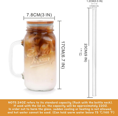 ANOTION Mason Jar Iced Coffee Cup with Lid and Straw, 24oz Regular Mouth Mason Jars with Handle Glass Coffee Drinking Glasses Tumbler Reusable Cups Bottles for Iced Coffee Cups for Travel Office Home