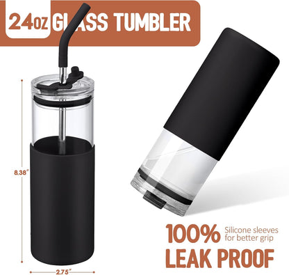 Kodrine 20oz Glass Water Tumbler with Straw and Lid, Bamboo Lids Water Bottle, Iced Coffee Cup Reusable, Wide Mouth Smoothie Cups with Protective Silicone Sleeve BPA FREE-Black - Colors A