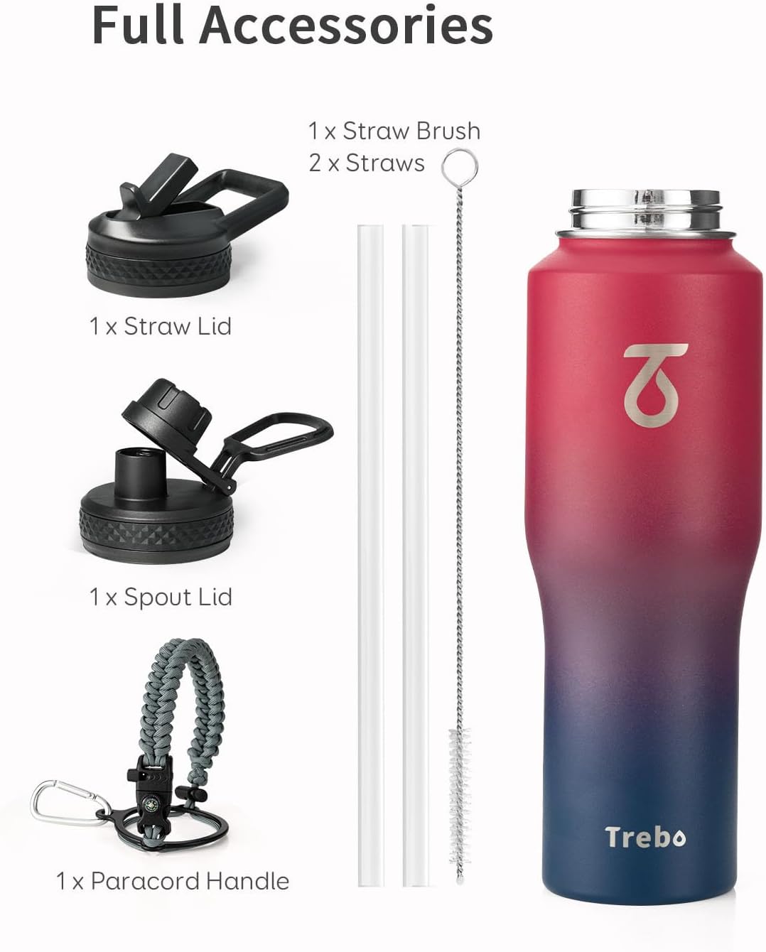 Trebo 40 oz Water Bottle Insulated Fit Car Cup Holder with Handle, Stainless Steel Water Bottles Tumbler with Spout Straw Lids, Double Wall Travel Reusable Flask, Leakproof Mug,Keep Cold &Hot,Black