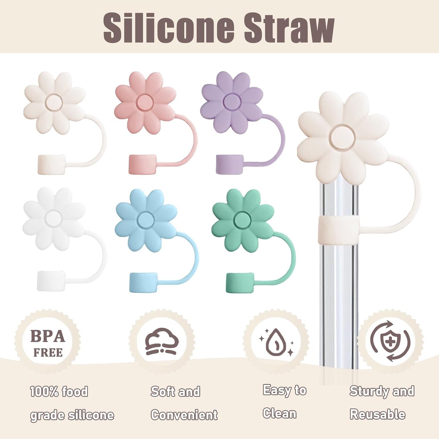 Flower Straw Covers Toppers for Stanley Cups 30&40 Oz Tumbler with Handle Accessories 4PCS Silicone Straw Caps Reusable Straws Tips Protectors for Stanley Cup 10mm 0.4in Straws,Off White
