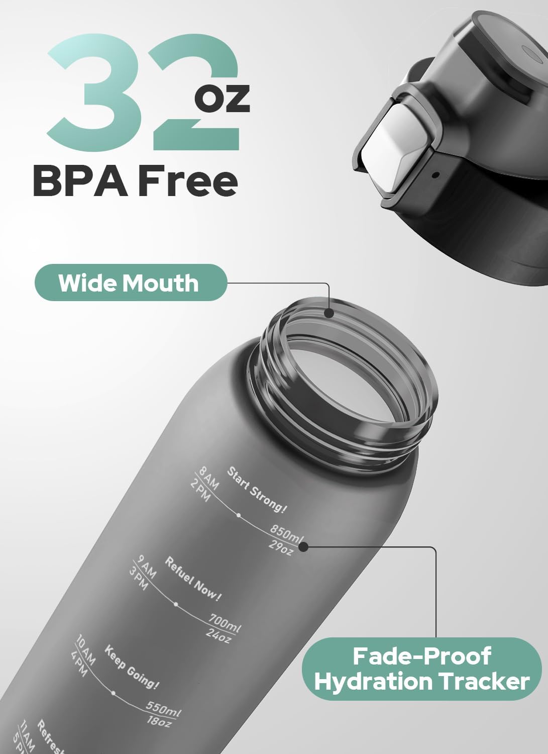 Opard Zip 32oz Plastic Water Bottle Dishwasher Safe, Leakproof Flip-Top Lid, BPA Free Tritan, Wide Mouth Reusable Sports Water Bottle for Gym Hiking Commuting Outdoor Travel and School