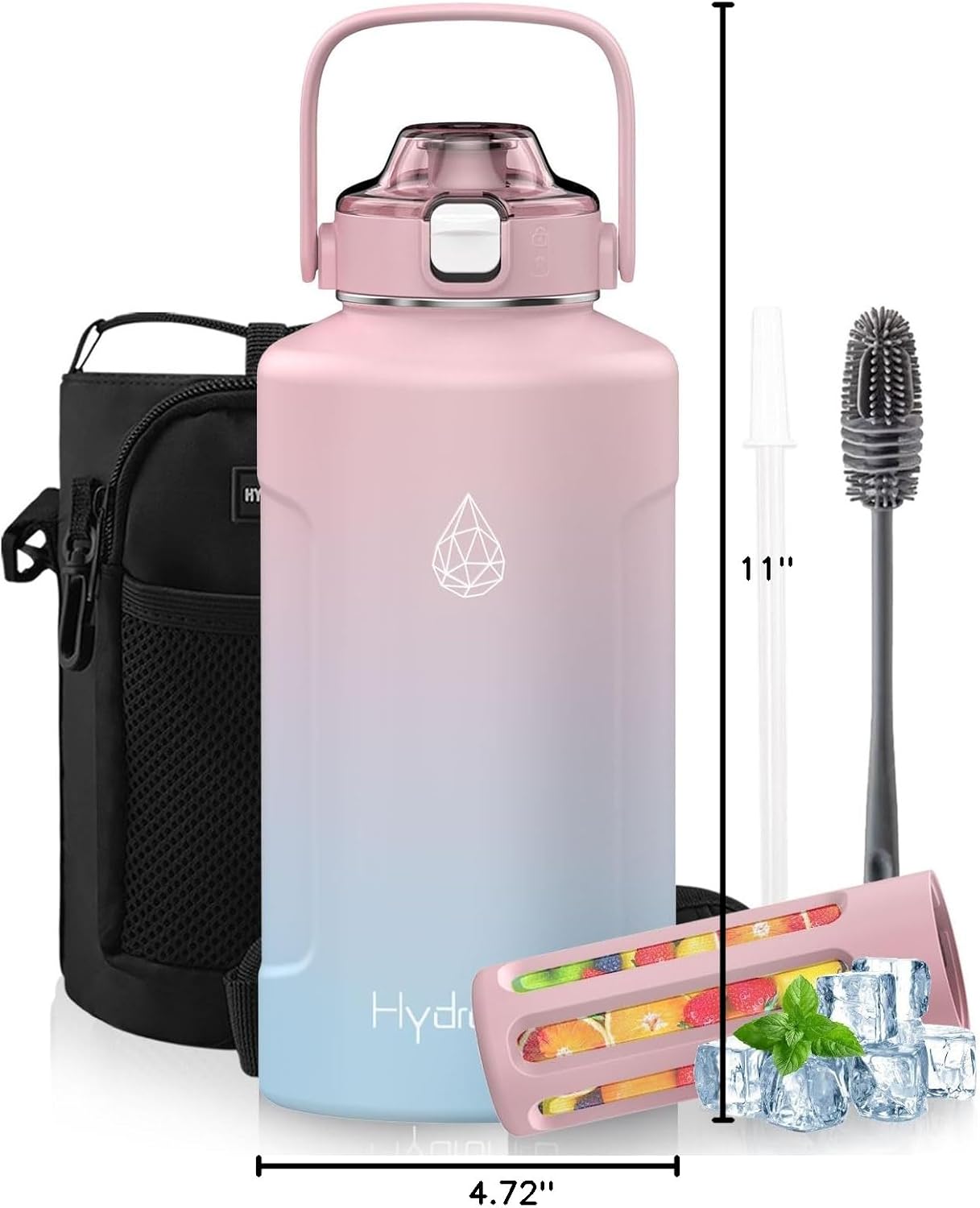 64oz Half Gallon Fruit Infuser Insulated Stainless Steel Water Bottle Jug, 48H Cold & 24H Hot, Large Capacity for Travel Hiking Mountain Climbing Black