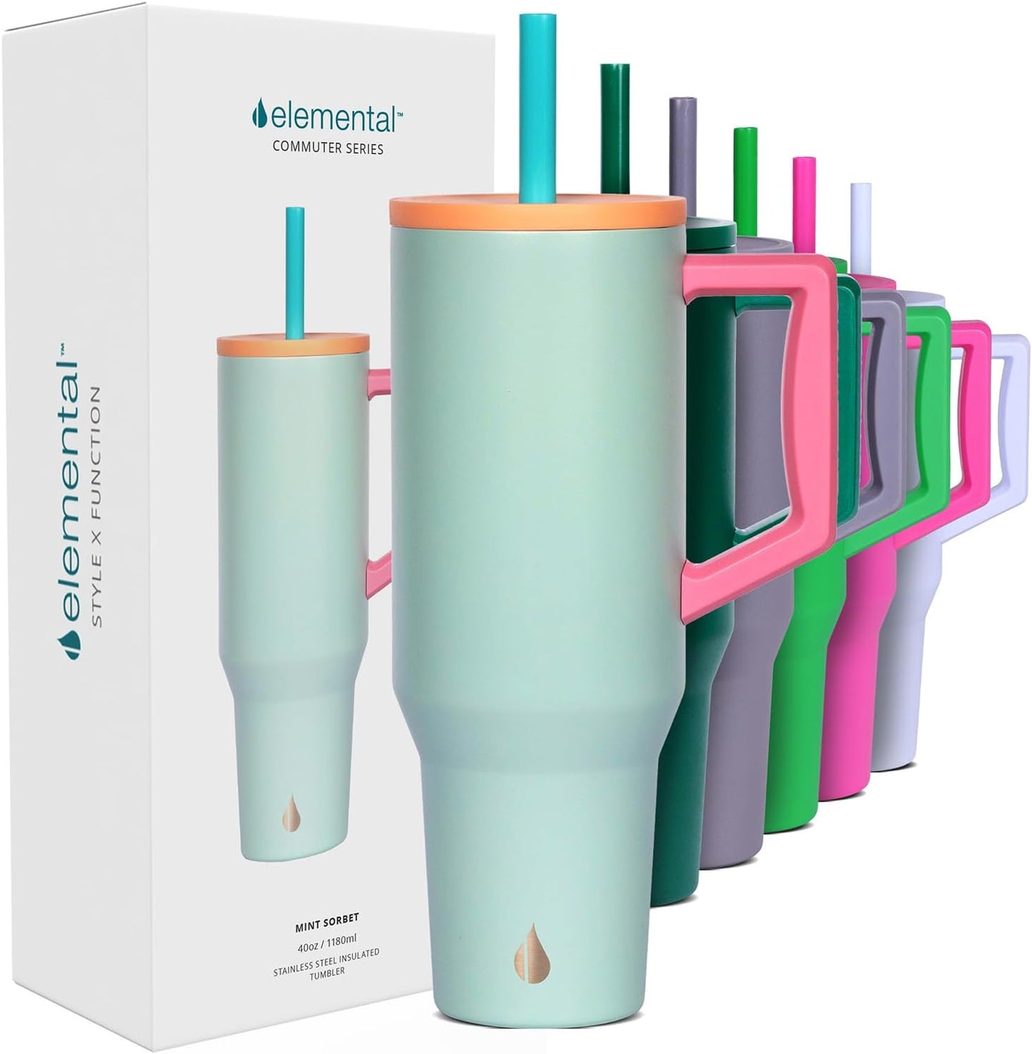 Elemental 32 oz 100% Leak Proof Tumbler with Handle & Straw - Stainless Steel Double Wall Insulated Tumbler for Hot and Cold Beverages - Travel Coffee Mug with Sip & Straw Lid - White - Colors A