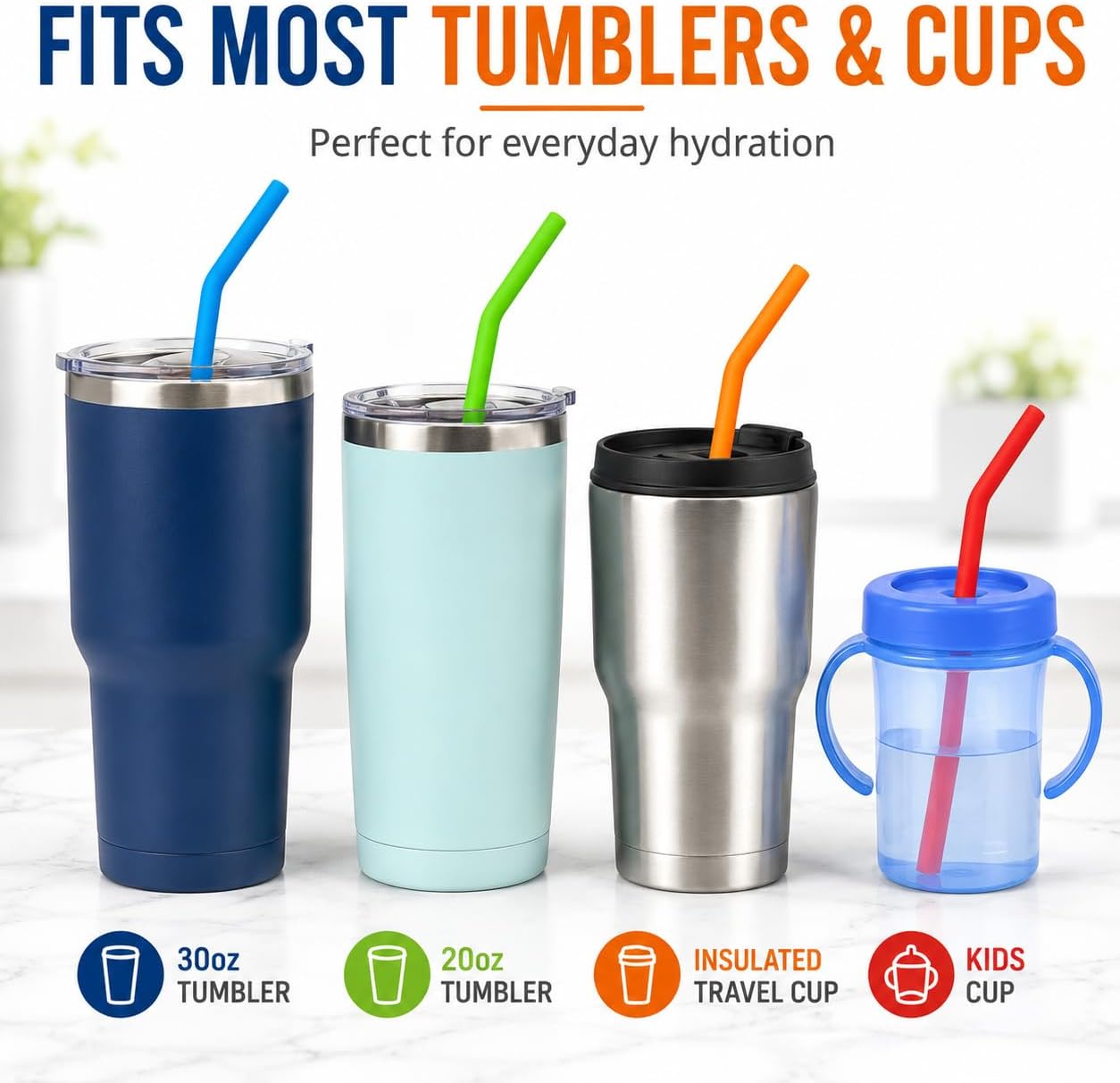 Reusable Silicone Straws for Tumblers, Smoothies & Kids Drinks – 15 Pack Flexible BPA-Free Drinking Straws with 2 Cleaning Brushes – Soft on Teeth & Lips – Fits 20oz & 30oz Tumblers