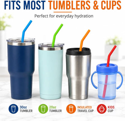 Reusable Silicone Straws for Tumblers, Smoothies & Kids Drinks – 15 Pack Flexible BPA-Free Drinking Straws with 2 Cleaning Brushes – Soft on Teeth & Lips – Fits 20oz & 30oz Tumblers