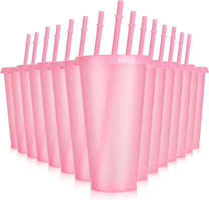 Hxezoc 16-Piece Reusable Cups with Lids and Straws, 24 oz Glitter Plastic Tumbler Iced Coffee Cups Travel Mug Cup for Smoothie Juices Beach or Bachelor Party (Black)