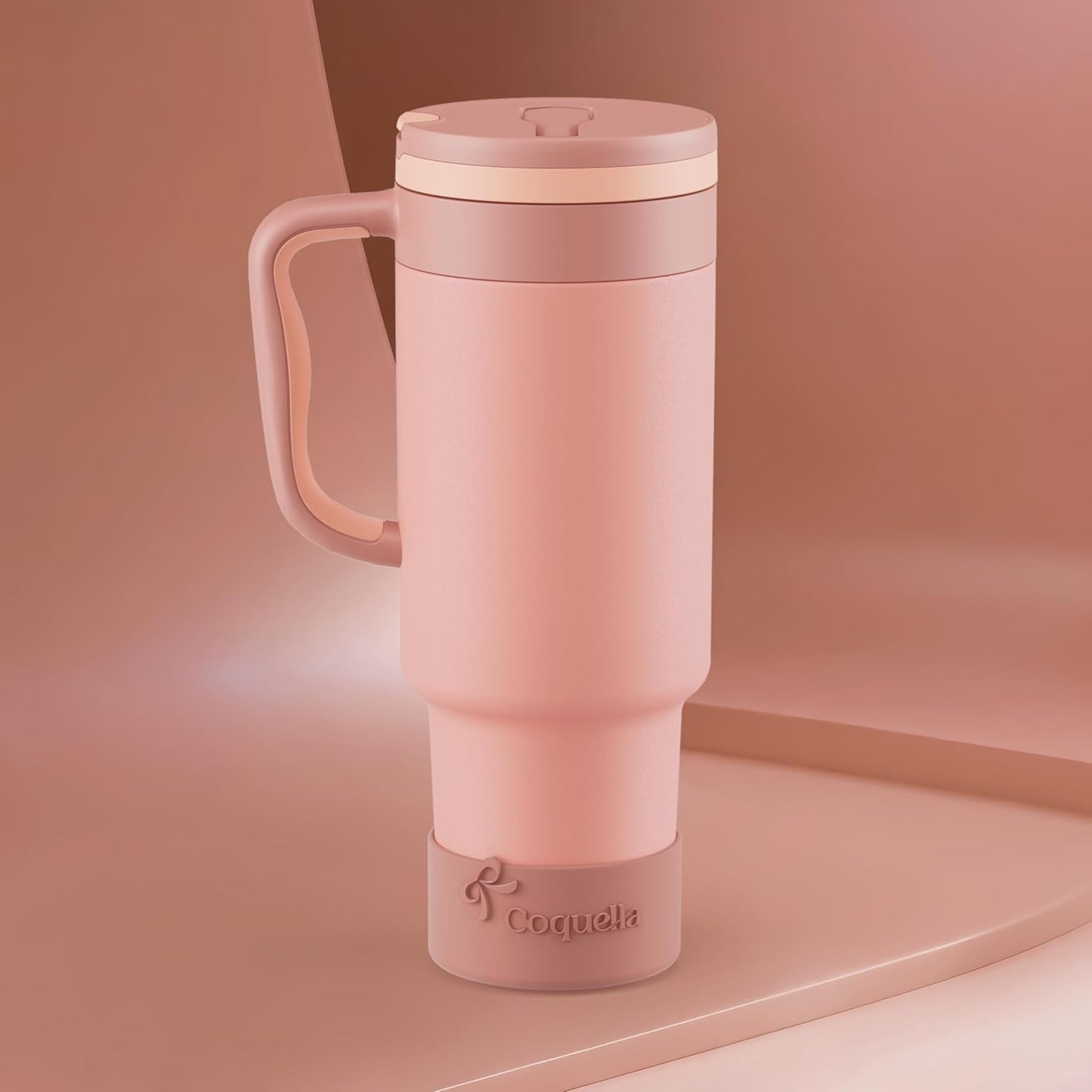 40 oz Insulated Tumbler with Handle and Push-Button Straw Lid, Stainless Steel Travel Cup for Gym Office, Leakproof, BPA-Free, Cup Holder Friendly, Bow Silicone Boot, Purple (Light Lilac)