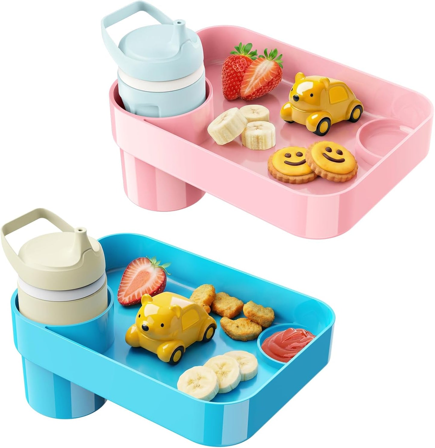 Car Seat Snack Tray for Toddlers - 3 Inch Cup Holder Fits Most Sippy Cups & Straw Bottles with Dip Well, Mess-Free Square Kids Travel Tray Road Trip Essentials, Black