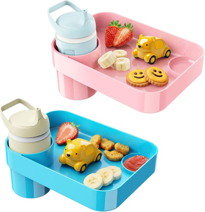 Car Seat Snack Tray for Toddlers - 3 Inch Cup Holder Fits Most Sippy Cups & Straw Bottles with Dip Well, Mess-Free Square Kids Travel Tray Road Trip Essentials, Black
