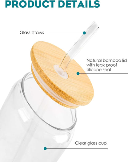 WISIMMALL Drinking Glasses with Bamboo Lids and Glass Straw 2PCS Set, 16oz Glass Cups with Lids and Straws, Beer, Iced Coffee Glasses, Soda, Gift 1 Cleaning Brushes