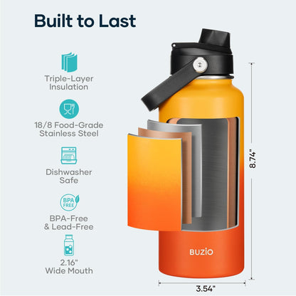 BUZIO 40oz Insulated Water Bottle, Triple Wall Vacuum Stainless Steel Water Flask with 2 lids, Lead-Free BPA-Free Straw Lid Sports Canteen Jug, Cold 48H & Hot 24H- Black - Colors A