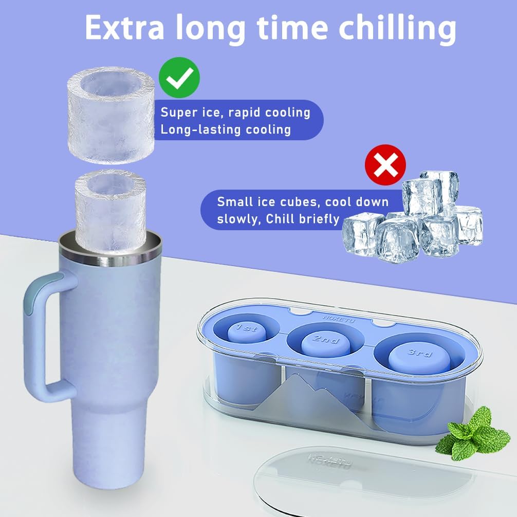 Ice Mold for Stanley Cup 30/40 Oz - Easy Fill and Release Without Touching Ice, Silicone Ice Cube Tray with Clear Lid and Bin for Freezer, Whiskey, Cocktail (Blue)