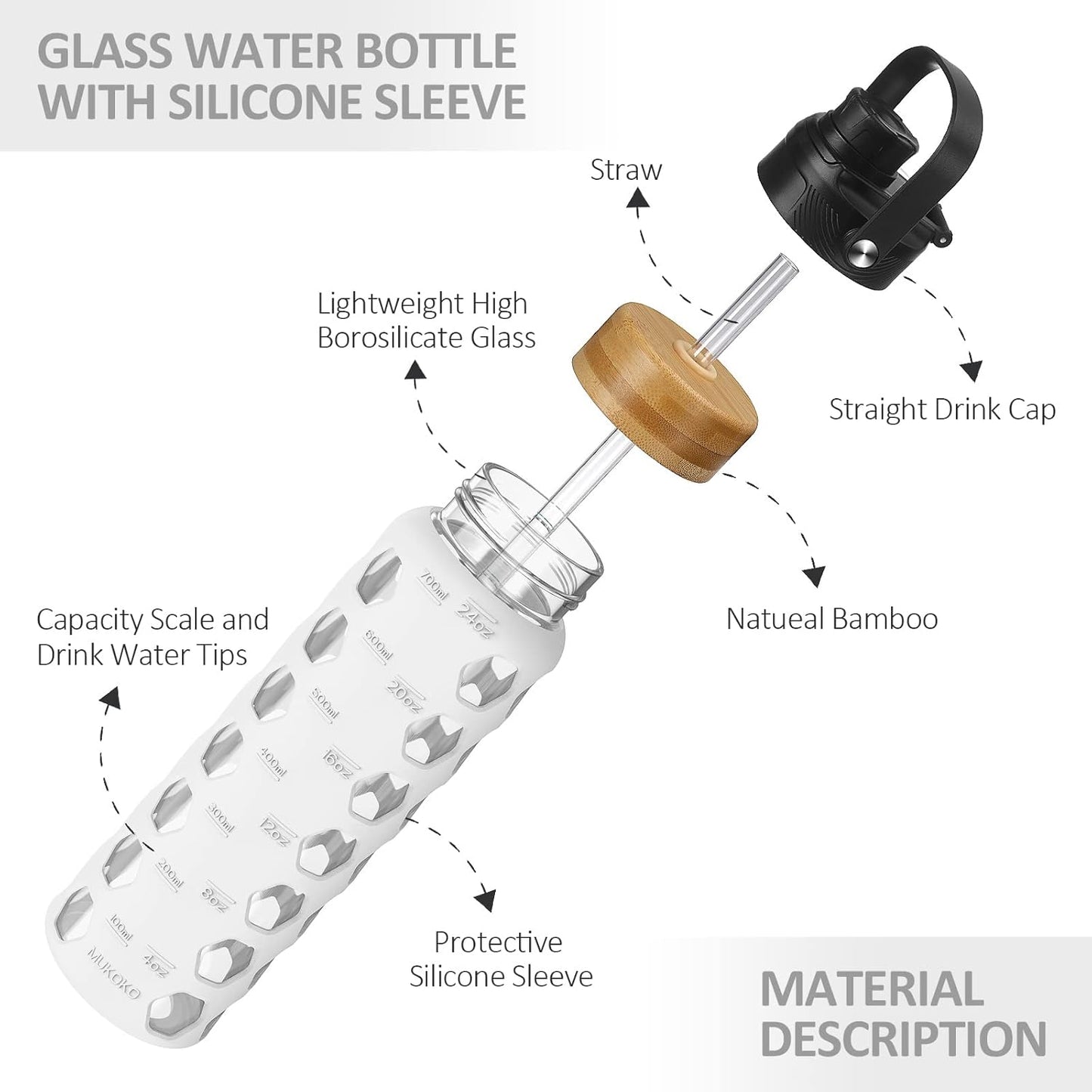 MUKOKO Glass Water Bottles, 32oz Glass Tumbler with Straw, Drinking Bottles with 2 Lids-Handle Spout Lid&Bamboo Straw Lid, Motivational Water Bottle with Time Marker and Silicone Sleeve, 1 Pack-Olive
