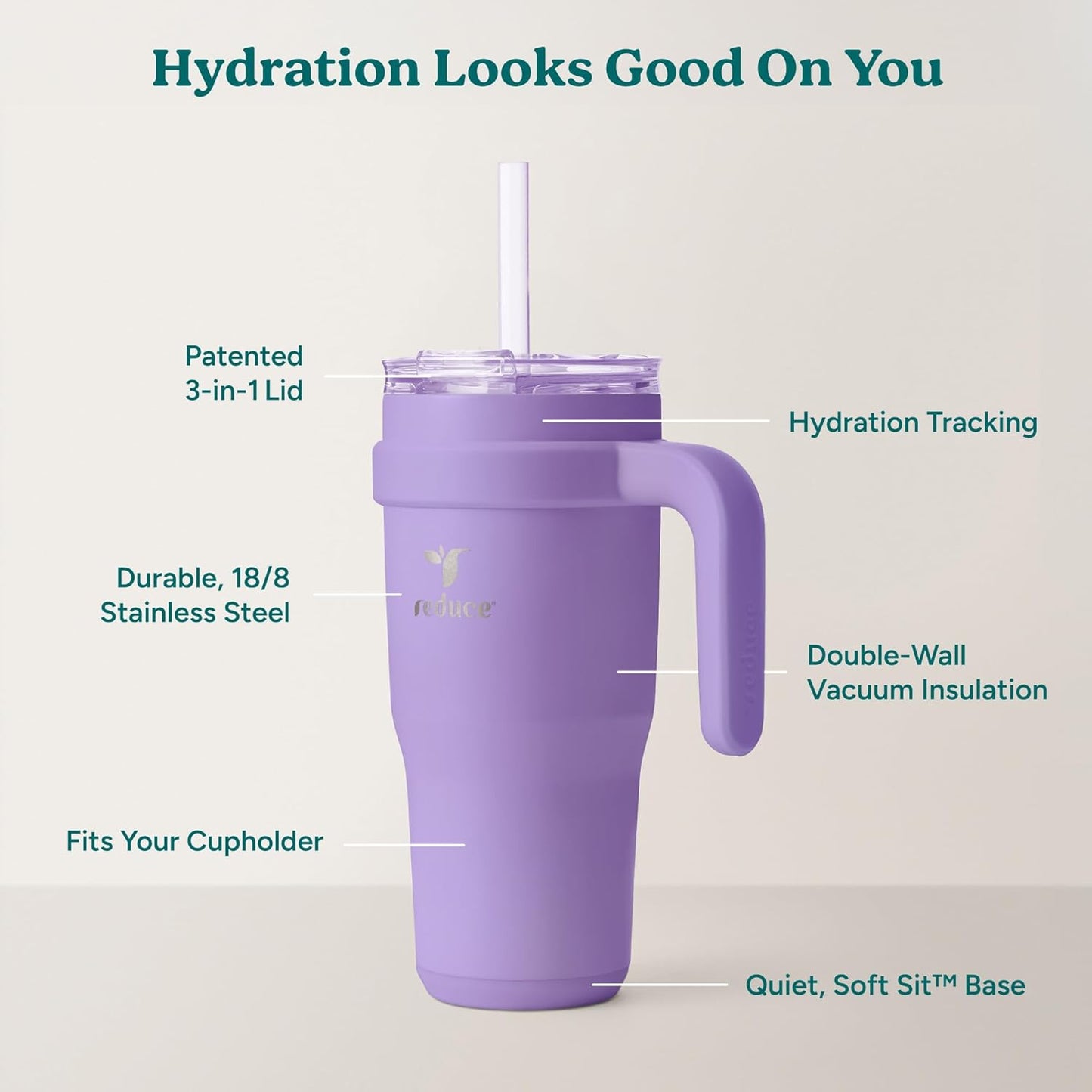 REDUCE 24 oz Stainless Steel Tumbler with Handle - Dual-Wall Vacuum Insulated Travel Mug, Sweat-Proof Lid & Reusable Straw - Keeps Drinks Cold for 24 Hrs, Fits Cupholders, Dishwasher Safe - Lilac Bud