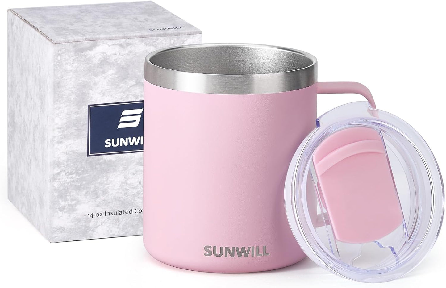 SUNWILL Travel Coffee Mug with Lid, Insulated Tumbler with Handle, 14 oz Stainless Steel Cup for Ice, Water, Tea, Rose Gold