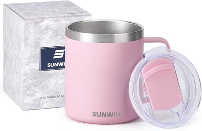 SUNWILL Travel Coffee Mug with Lid, Insulated Tumbler with Handle, 14 oz Stainless Steel Cup for Ice, Water, Tea, Rose Gold