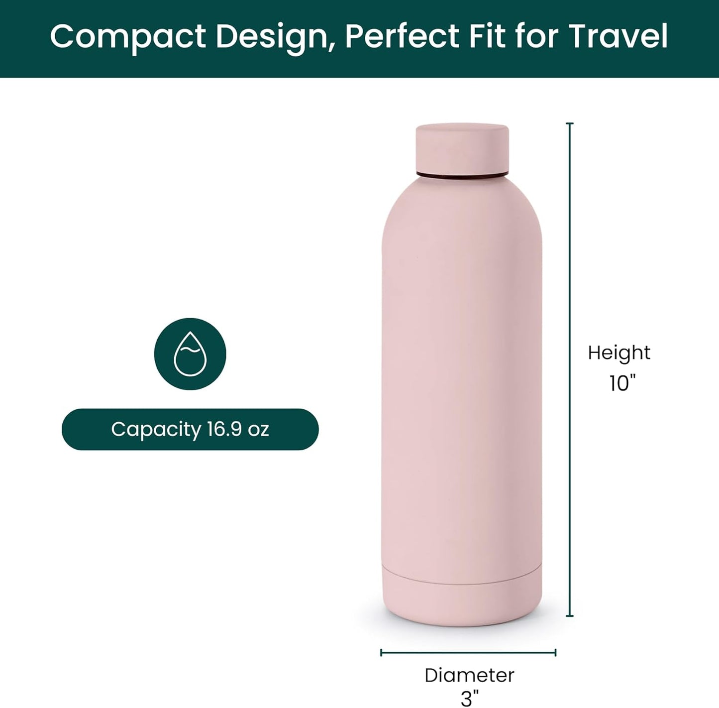 NOBL Stainless Steel Water Bottle,17 oz, 500 ml, Double Wall Vacuum Insulation, Sealed Bottle Keeps Drinks Cold 24 Hrs & Hot 12 Hrs, Leak Proof, Fits Noble Carry-On Cup Holder - Sand