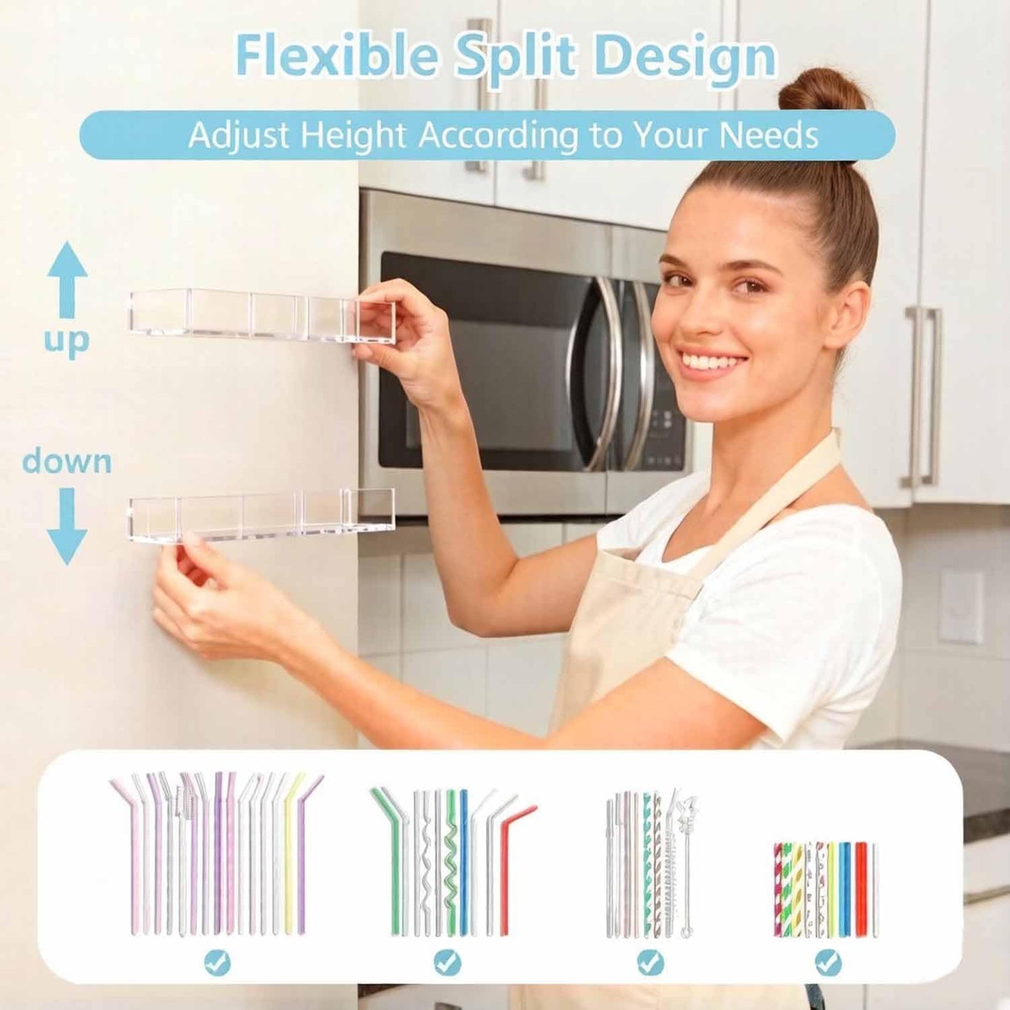 9.5” Large Acrylic Cabinet Straw & Utensil Organizer – Adjustable, Multipurpose Kitchen Storage for Reusable Straws, Brushes, Chopsticks – Ultra-Sticky & Drainable