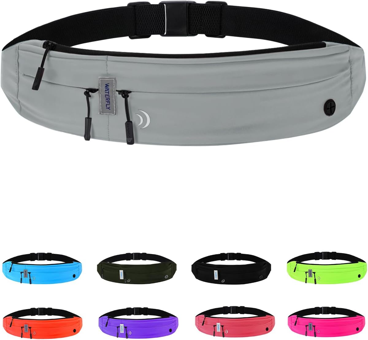 WATERFLY Running Belt Fanny Pack: Runner Marathon Jogging Waist Pack Sport Workout Exercise Fitness Phone Holder Belt for Men Women Jogger Slim Waist Bag Black