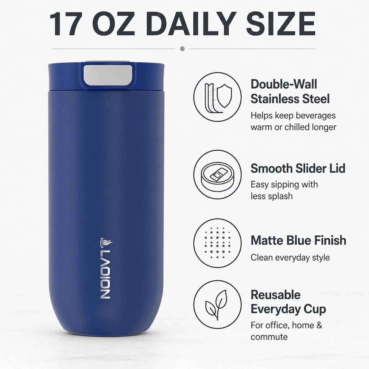 LAOION 17 oz Insulated Coffee Tumbler, Stainless Steel Travel Coffee Mug with Slider Lid, Reusable Iced Coffee Cup for Office, Car, Commute, Gray