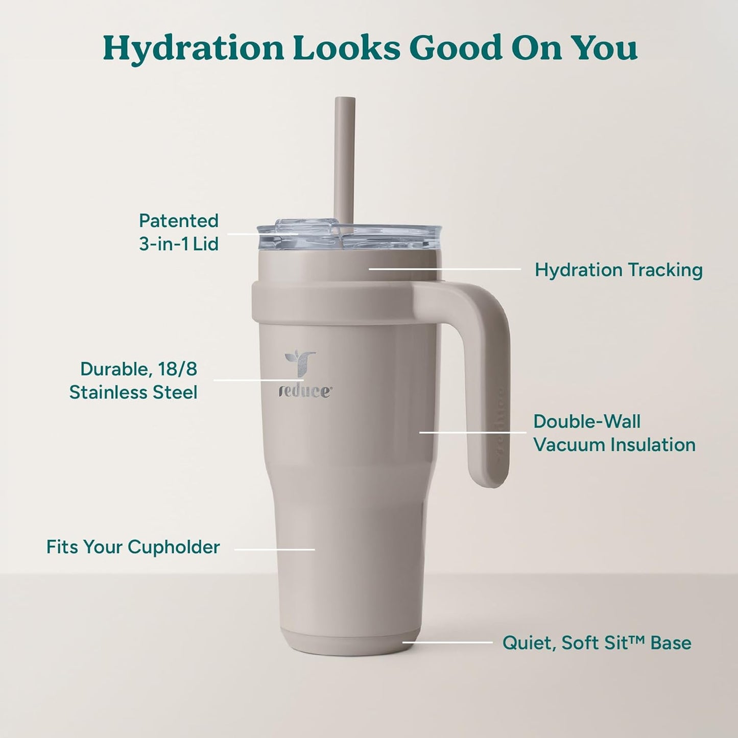 REDUCE 24 oz Stainless Steel Tumbler with Handle - Dual-Wall Vacuum Insulated Travel Mug, Sweat-Proof Lid & Reusable Straw - Keeps Drinks Cold for 24 Hrs, Fits Cupholders, Dishwasher Safe - Lilac Bud