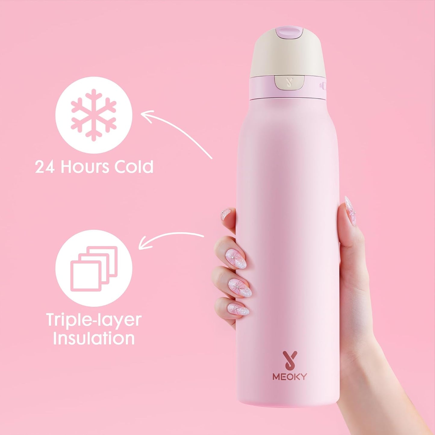 Meoky 24 oz Slim Insulated Water Bottle: Leak Proof Locking Lid, 2-in-1 Straw and Spout, 24 Hours Cold, Top Handle, BPA Free, Stainless Steel Water Bottle for Men Sports Travel Gym, Night