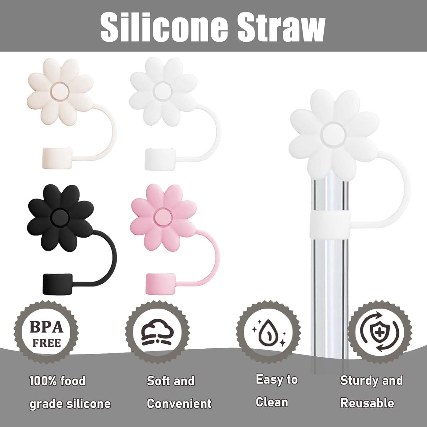 Flower Straw Covers Toppers for Stanley Cups 30&40 Oz Tumbler with Handle Accessories 4PCS Silicone Straw Caps Reusable Straws Tips Protectors for Stanley Cup 10mm 0.4in Straws,Off White