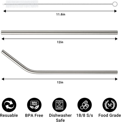 6 Pack Stainless Steel Straw Replacement for Stanley 40 oz 30 oz Tumbler,3 Straight + 3 Curved BPA Free Reusable Metal Straws with Cleaning Brush, 12Inch Long Drinking Reusable Accessories