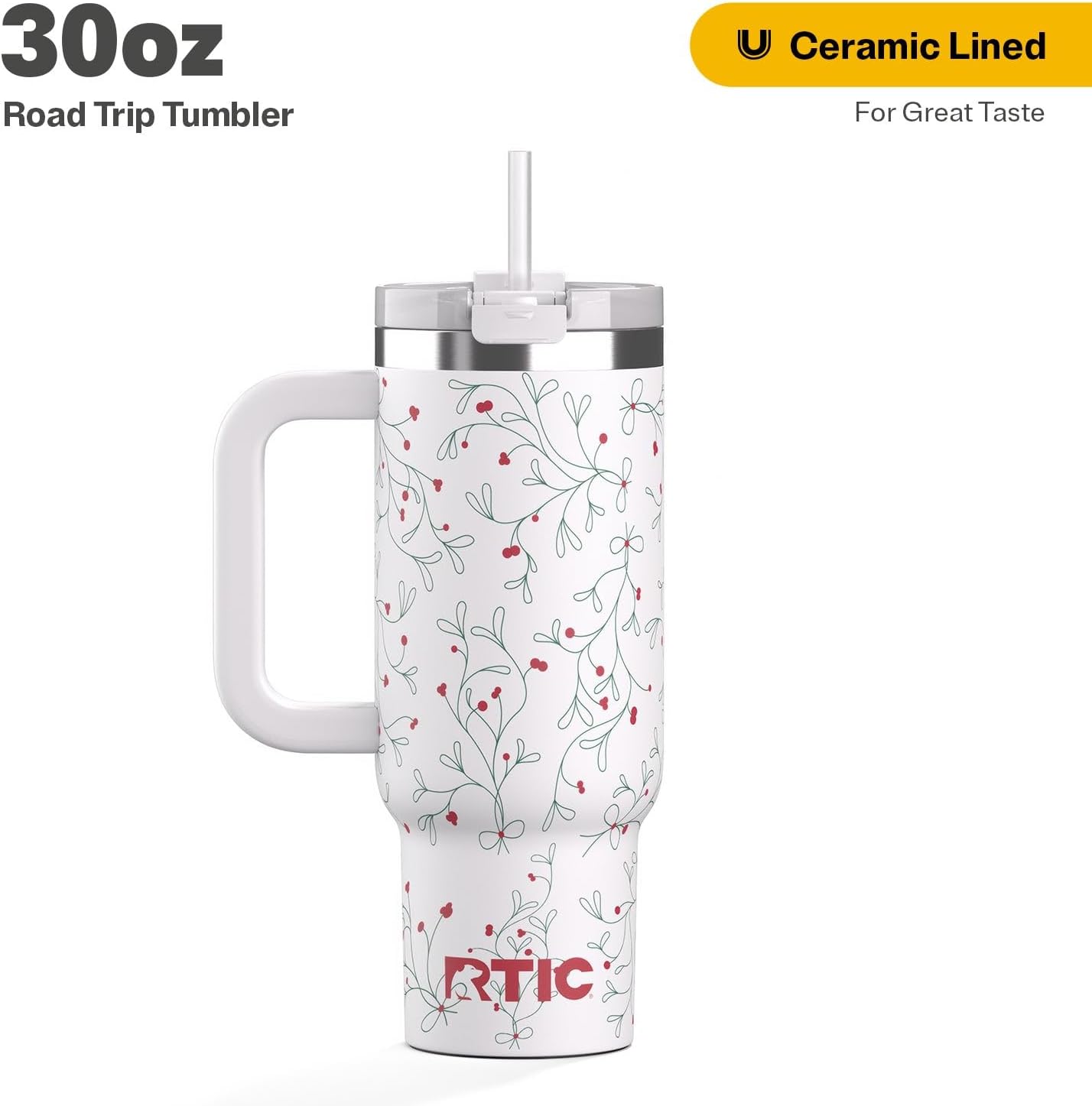 RTIC 30 oz Road Trip Tumbler Double-Walled Ceramic Lined InsulatedStainless Steel Portable Travel Coffee Mug Cup with Lid, Handle and Straw, Periwinkle Bouquet