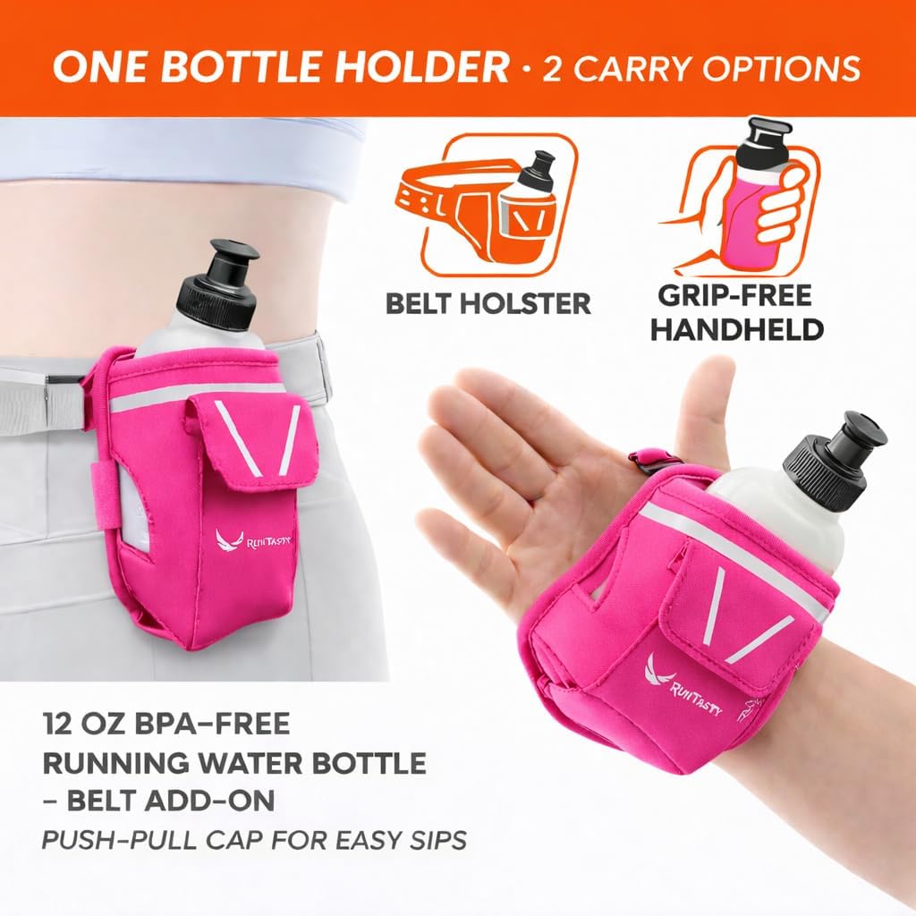 2-in-1 Running Fun: Handheld 12 Oz Water Bottle & Running Belt Add-On. No-Grip Design Straps on Hand & Slides on Belt. Waterproof Pocket for Money, Keys. Maximize Time, Freedom & Health