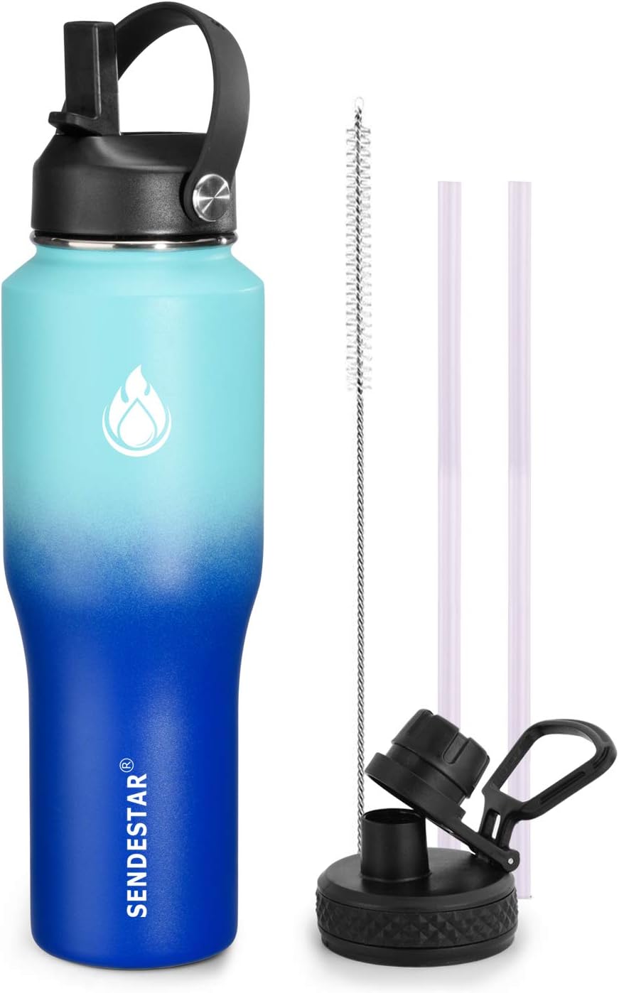 SENDESTAR 40oz Water Bottle Wide Mouth Stainless Steel Vacuum Insulated Double Wall with Straw Lids Fit in Any Car Cup Holder