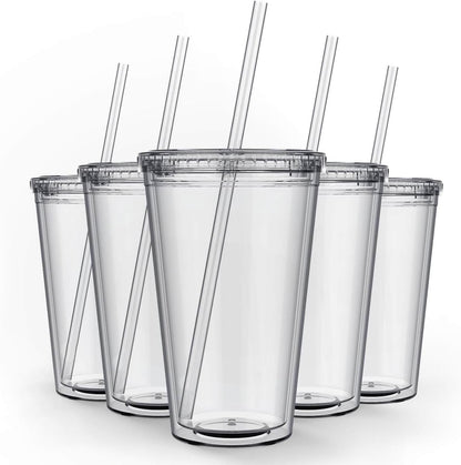 Maars Classic Clear Tumbler with Lid and Straw | 16oz Premium Acrylic, Insulated Double Wall Plastic Reusable Cups, BPA-Free To Go Cups for Ice Coffee, Fruit Teas & Water